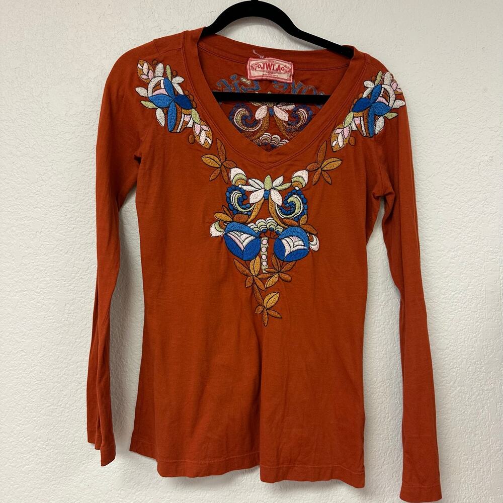 Johnny Was Embroidered Long Sleeve V-Neck Top 100% cotton